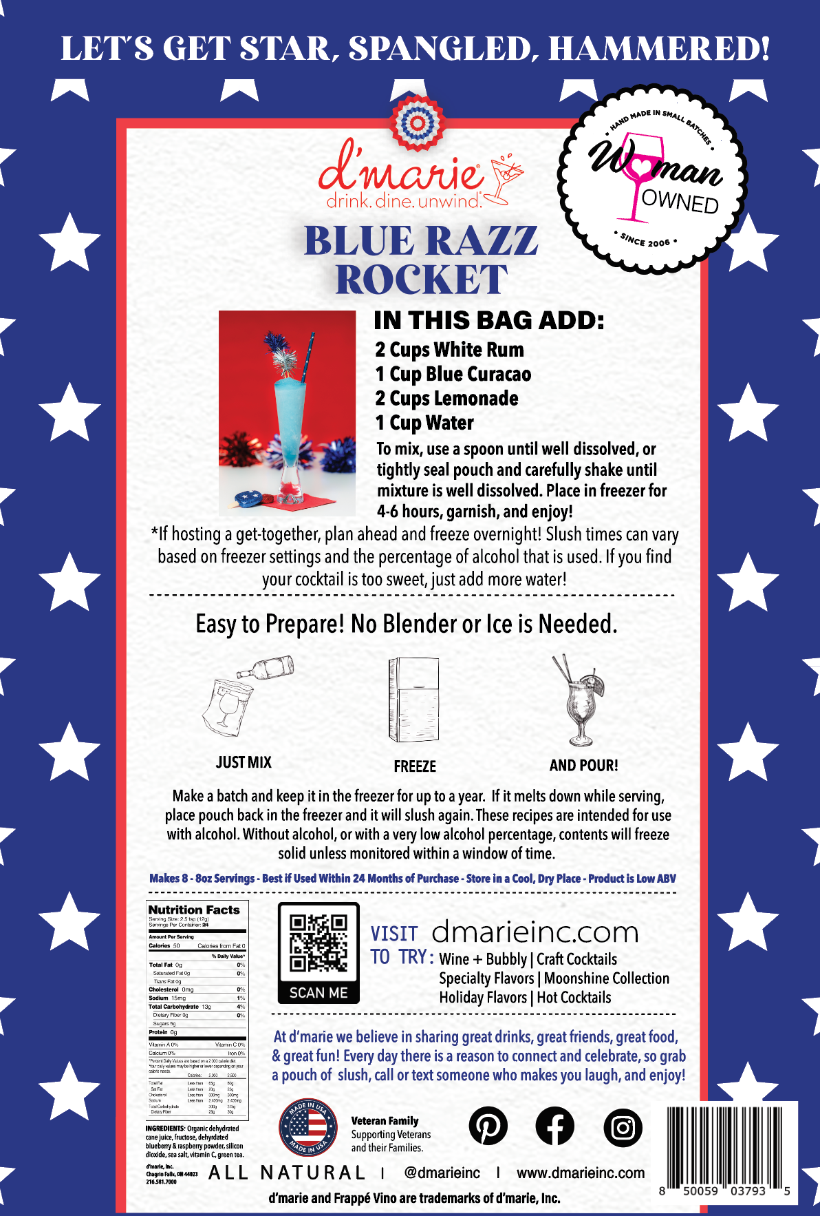 Blue Razz Rocket cocktail mix pouch instructions and nutrition facts