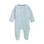 A Frugi light blue baby footed romper with a colorful rainbow striped collar, featuring an African safari print of giraffes, elephants, lions, and trees, with a convenient front snap closure