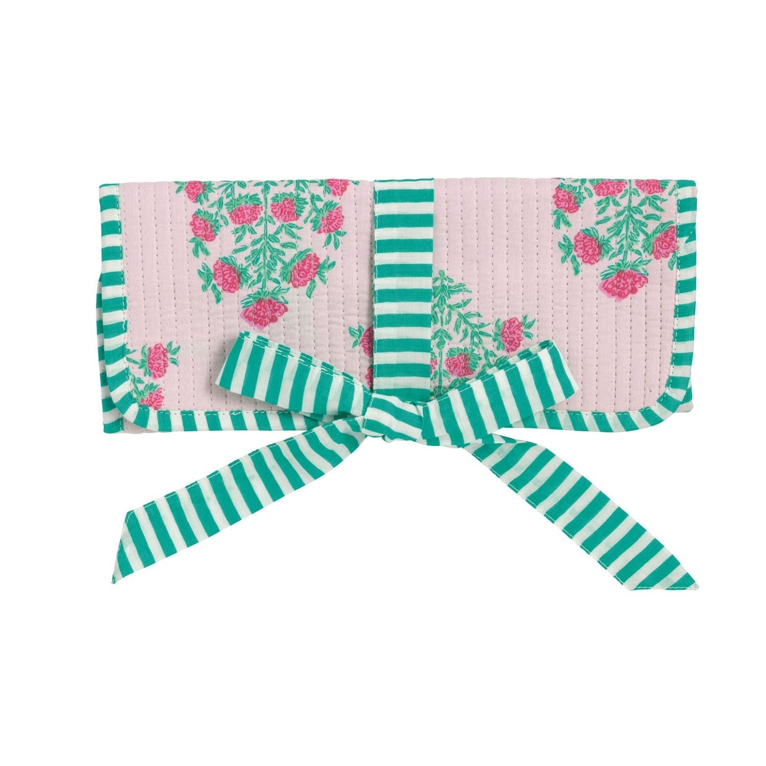 Quilted light pink folding case featuring a repeating fuchsia rose and green leaf pattern, bordered and tied with a vibrant teal and white striped ribbon bow