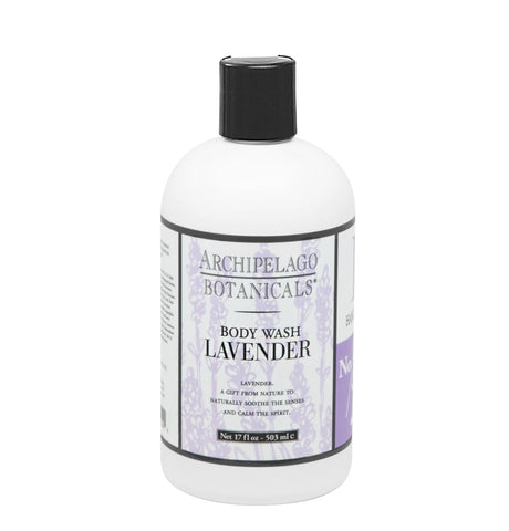 Archipelago Botanicals lavender body wash in a white bottle with a black cap