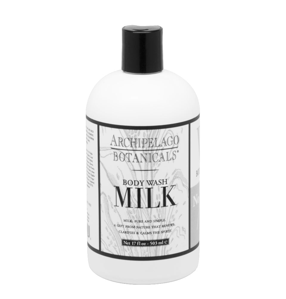 Archipelago Botanicals Milk body wash in a white bottle with a black cap