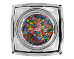 Product photo of a clear square cosmetic jar containing vibrant chunky multicolored glitter in red blue green and yellow hues