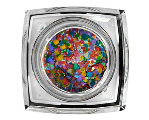 Product photo of a clear square cosmetic jar containing vibrant chunky multicolored glitter in red blue green and yellow hues