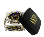 Digital photograph Elektra Cosmetics Tiger Stripes Bolt Balm glitter gel in an open clear jar filled with chunky purple, gold, and black glitter next to its black lid with gold Elektra Cosmetics branding