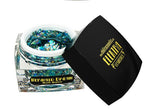 Elektra Cosmetics Mermaid Dream Bolt Balm in a clear jar with an open black lid revealing chunky iridescent turquoise and blue glitter