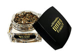 Elektra Cosmetics product photograph of WHO DAT! Bolt Balm, an open clear jar filled with chunky gold and black iridescent glitter, next to its black lid with a prominent gold Elektra Cosmetics logo