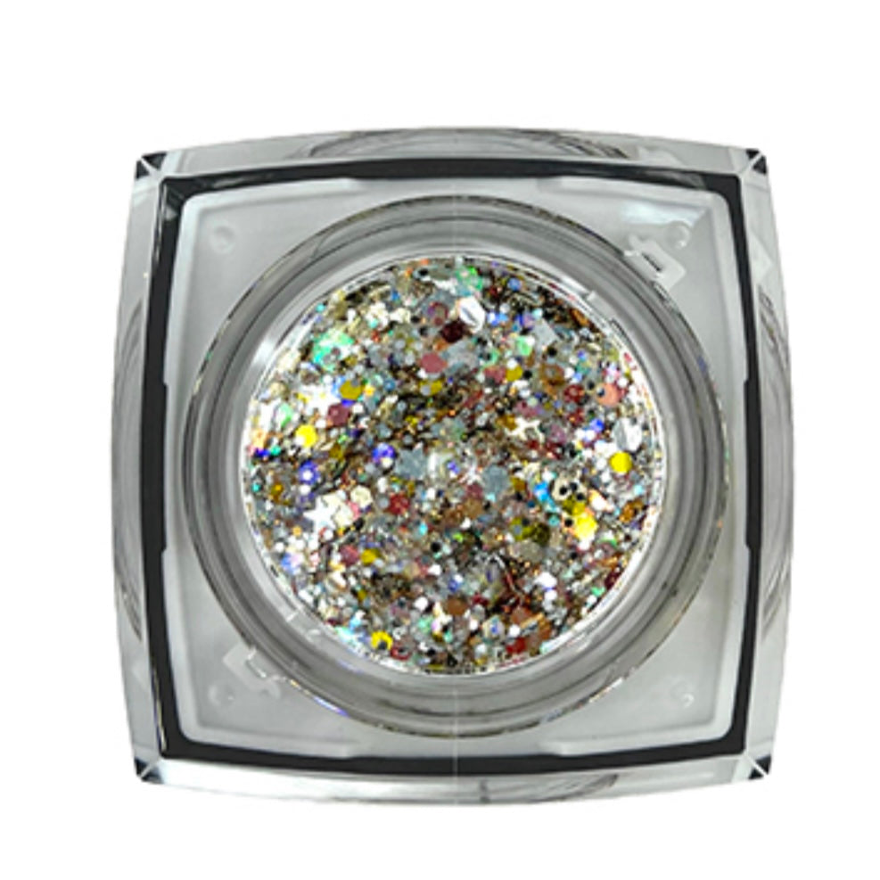 Photograph of a clear square pot brimming with vibrant iridescent glitter featuring a dazzling mix of silver, gold, and multicolored specks and tiny stars