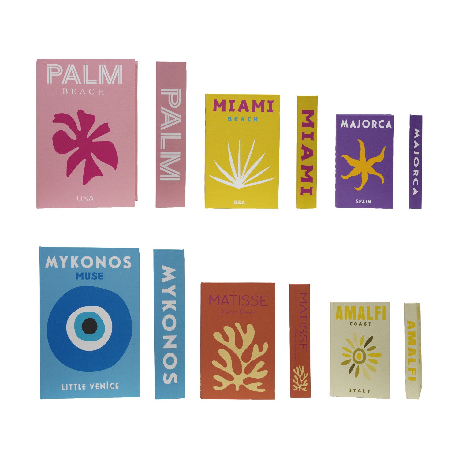 Decorative faux bookends referencing Henri Matisse and popular travel destinations like Palm Beach Miami Majorca Mykonos and the Amalfi Coast featuring a vibrant pink palm frond yellow starfish and a striking blue evil eye