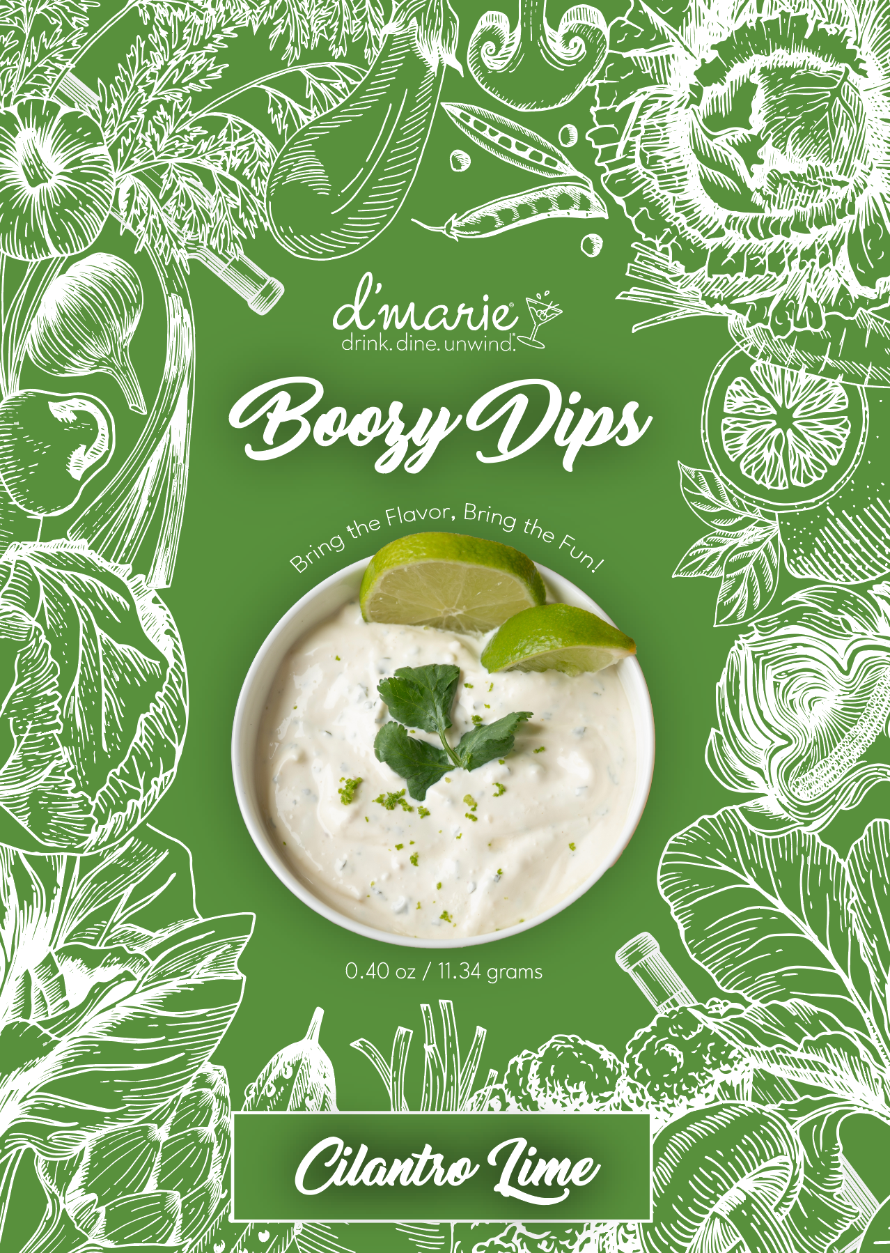 Bowl of creamy cilantro lime dip garnished with lime wedges and cilantro on a green background with vegetable sketches