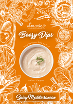 D marie Boozy Dips Spicy Mediterranean dip in a white bowl on an orange background with white line art of vegetables