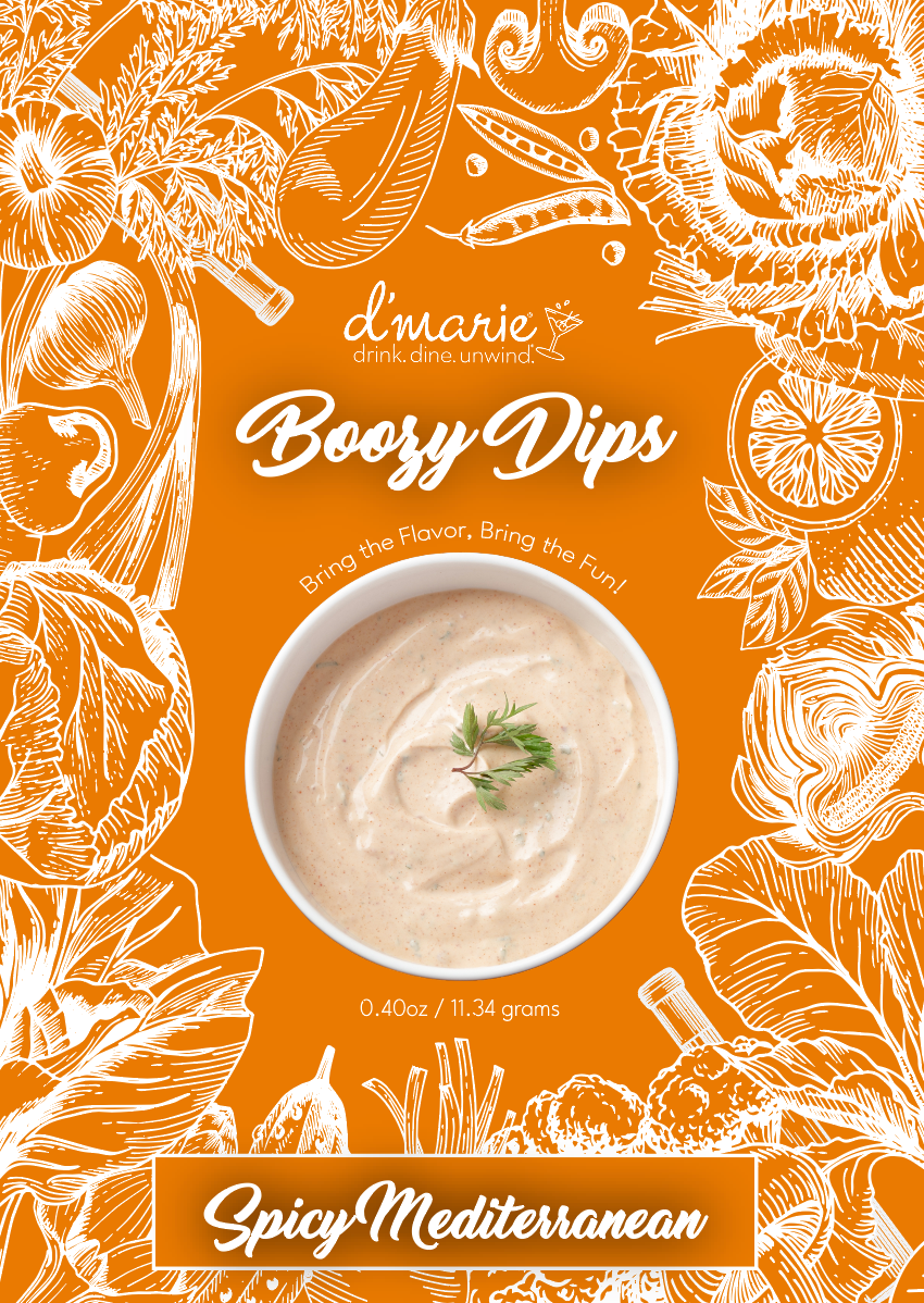 D marie Boozy Dips Spicy Mediterranean dip in a white bowl on an orange background with white line art of vegetables