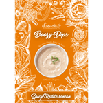 Promotional image for d'marie Boozy Dips with a vibrant orange background featuring white line art illustrations of various vegetables and fruits framing a white bowl of creamy Spicy Mediterranean dip garnished with a green herb sprig
