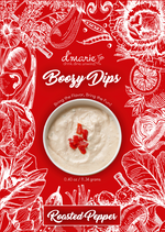 Bowl of creamy dip topped with roasted red peppers on a red background with white vegetable line art