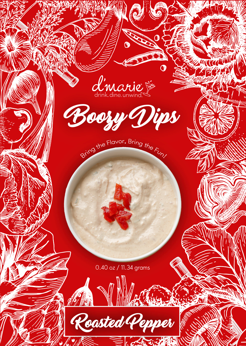 Bowl of creamy dip topped with roasted red peppers on a red background with white vegetable line art