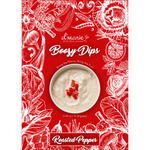 Graphic advertisement for d'marie Boozy Dips Roasted Pepper dip featuring a white bowl of creamy dip topped with diced red peppers on a vibrant red background adorned with white hand-drawn illustrations of vegetables and citrus