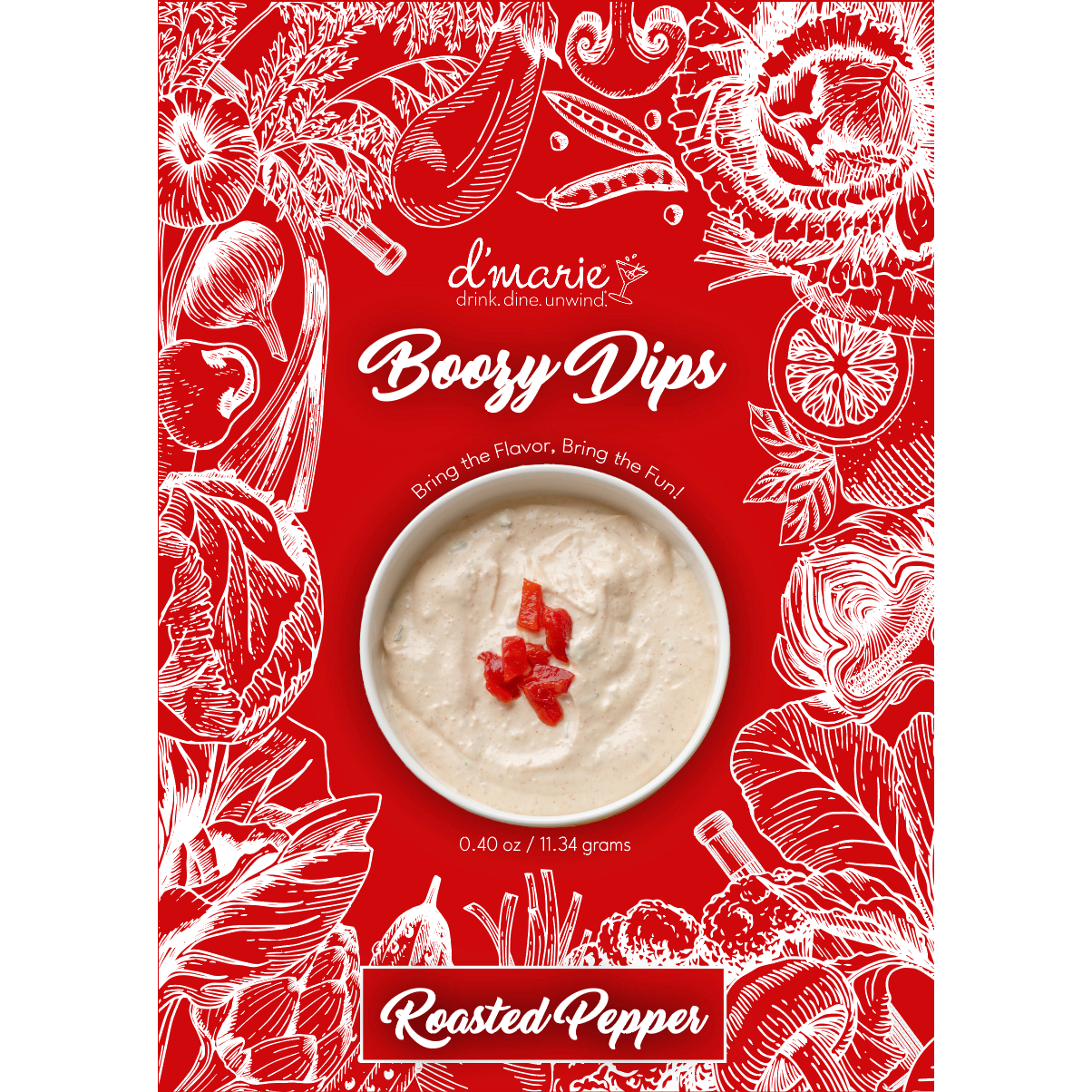 Graphic advertisement for d'marie Boozy Dips Roasted Pepper dip featuring a white bowl of creamy dip topped with diced red peppers on a vibrant red background adorned with white hand-drawn illustrations of vegetables and citrus