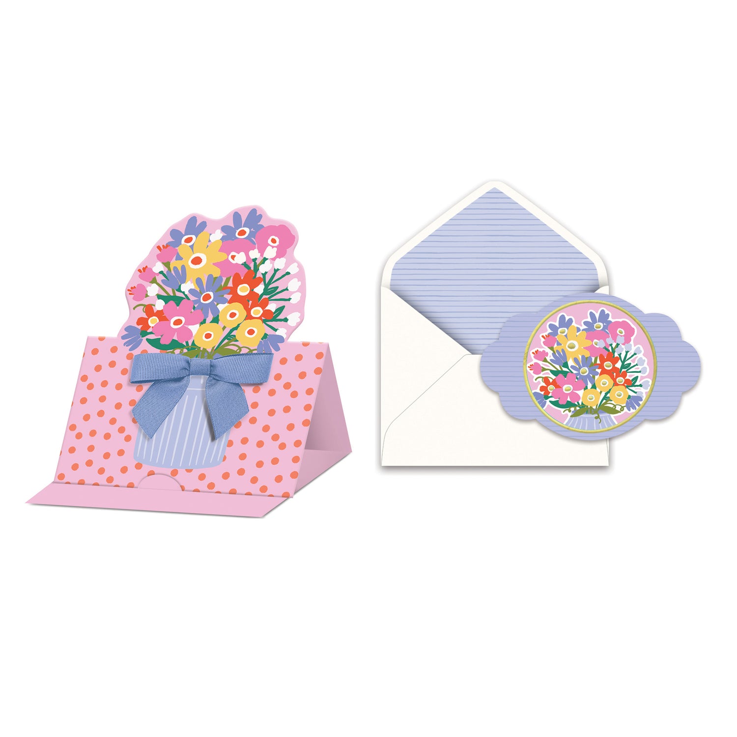Die cut floral greeting card with blue ribbon and matching envelope