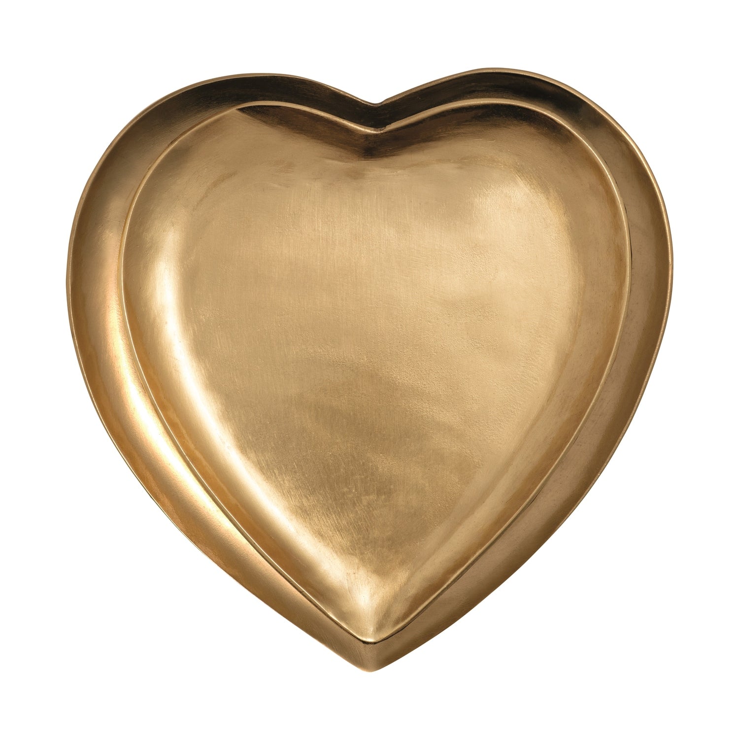 Brass heart-shaped dish on a white background featuring a warm golden color, subtle brushed texture, and a distinctive raised inner edge