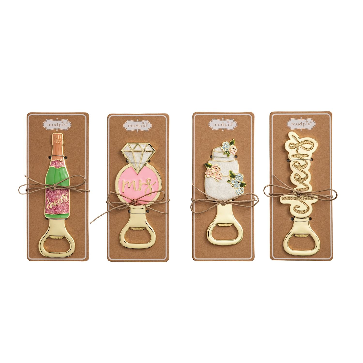 Four metal bottle openers shaped like a champagne bottle, engagement ring, wedding cake, and the word cheers