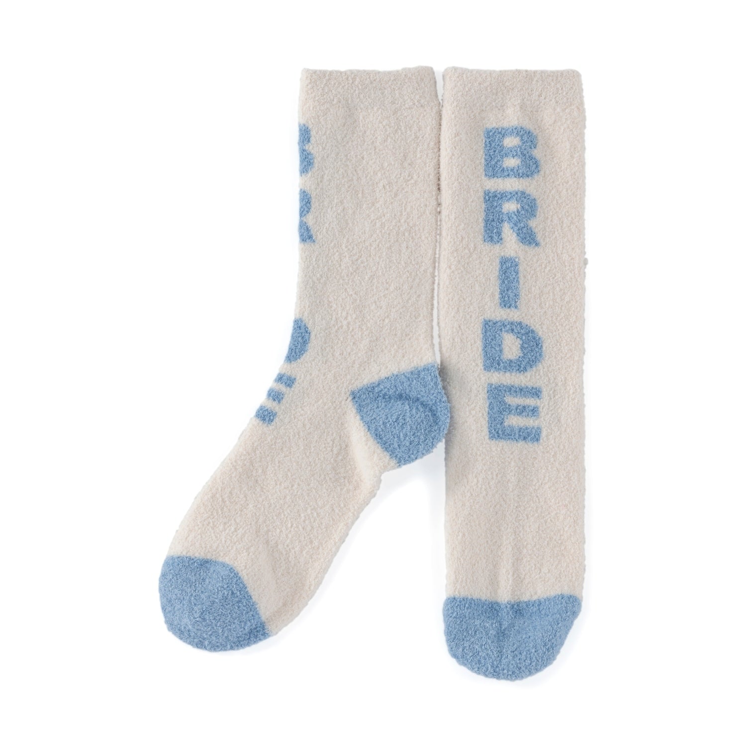 Cream fuzzy socks with blue heels and toes and the word Bride in blue text