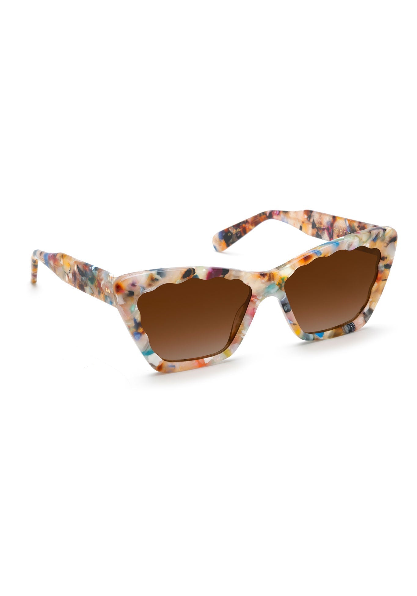 BRIGITTE cat-eye sunglasses with a multi-colored confetti acetate frame, distinctive wavy edges, and brown lenses against a white background