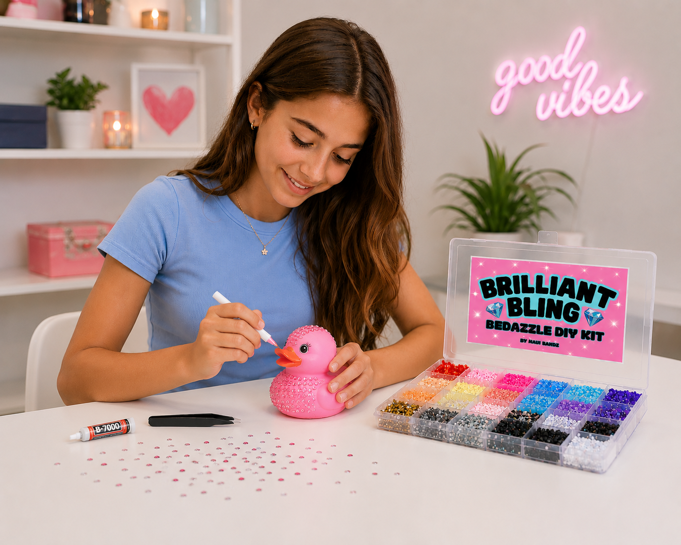 Girl decorating a pink rubber duck with rhinestones using a Brilliant Bling Bedazzle DIY kit