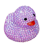 Purple rubber duck covered in iridescent rhinestones with an orange beak