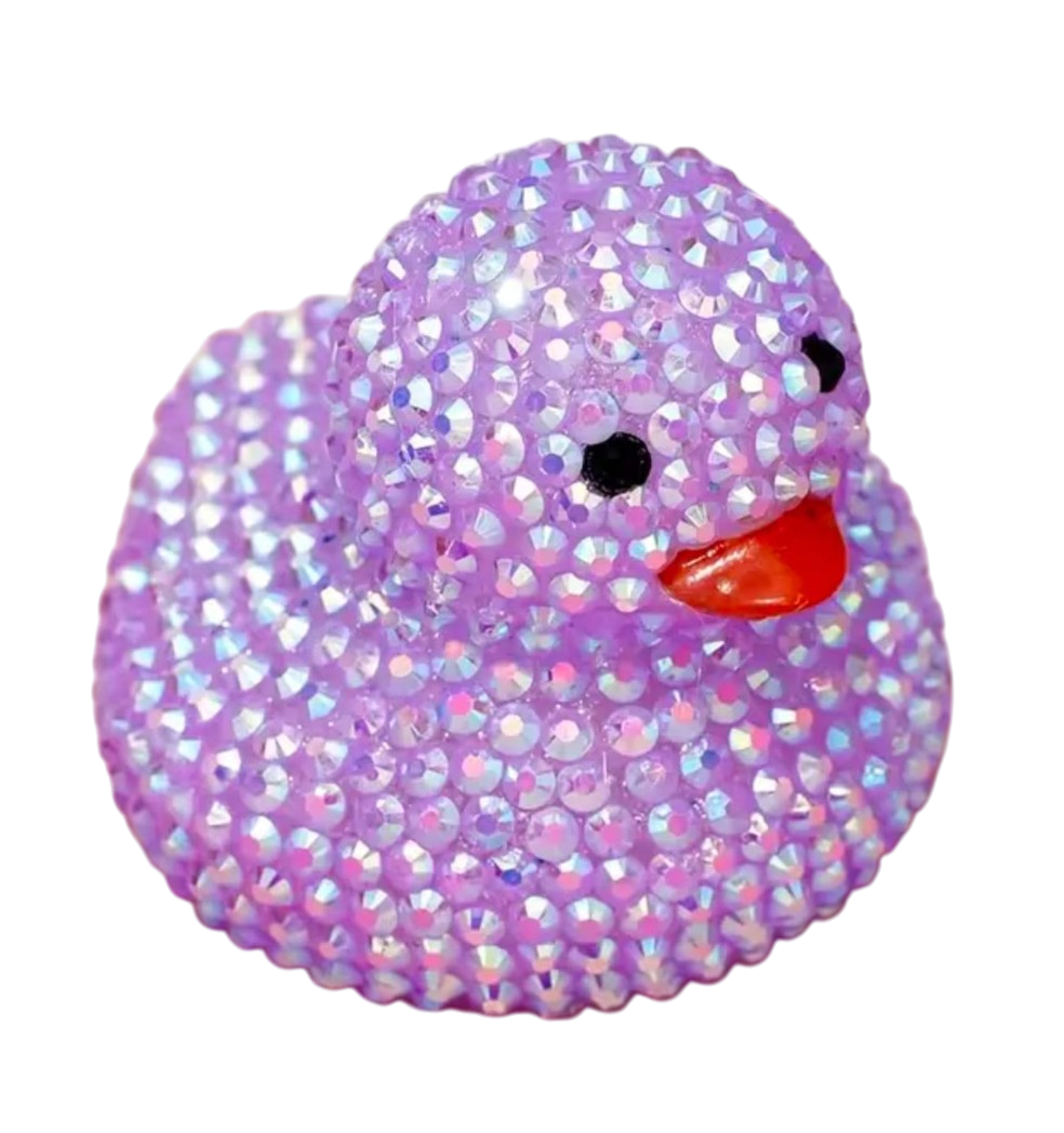 Purple rubber duck covered in iridescent rhinestones with an orange beak