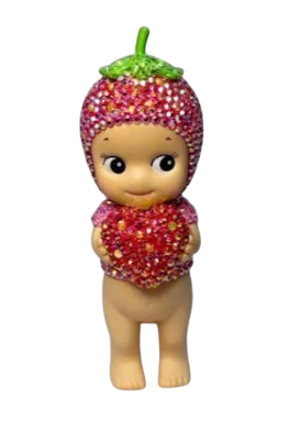 Sonny Angel figurine wearing a strawberry hat and holding a crystal strawberry