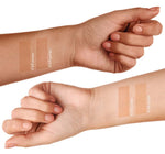 Foundation swatches on two human forearms displaying varying coverage from 4 and 6 full pumps on both medium and light skin tones
