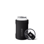 Digital product photograph by BrüMate of a matte black Hopsulator insulated can cooler on a white background featuring a vertical silver logo, a clear acrylic lid, and a white aluminum can