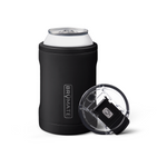 A matte black BruMate can cooler with a vertical silver BRÜMATE logo holding a silver beverage can, next to its clear spill-proof lid with a black sliding closure on a white studio background