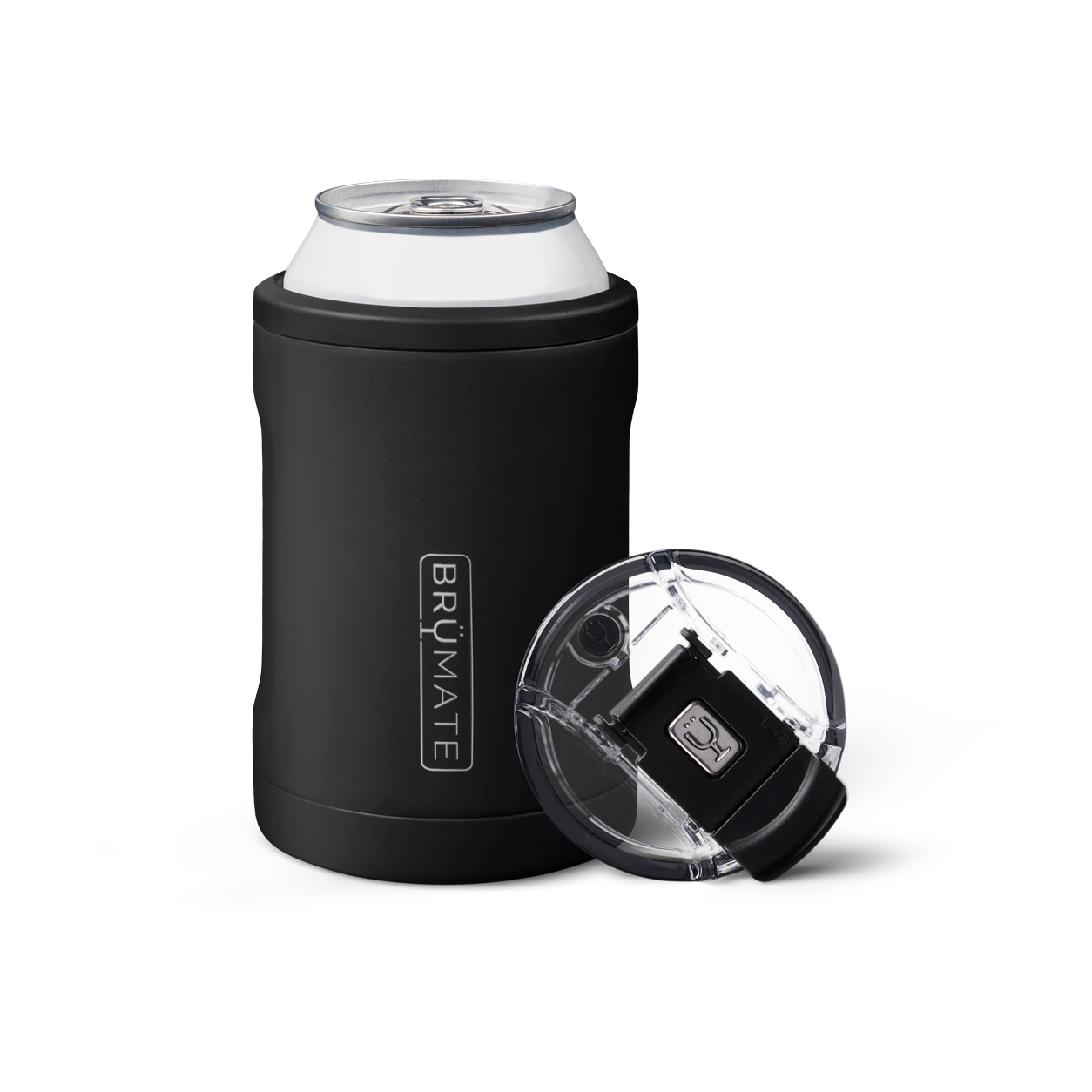 A matte black BruMate can cooler with a vertical silver BRÜMATE logo holding a silver beverage can, next to its clear spill-proof lid with a black sliding closure on a white studio background