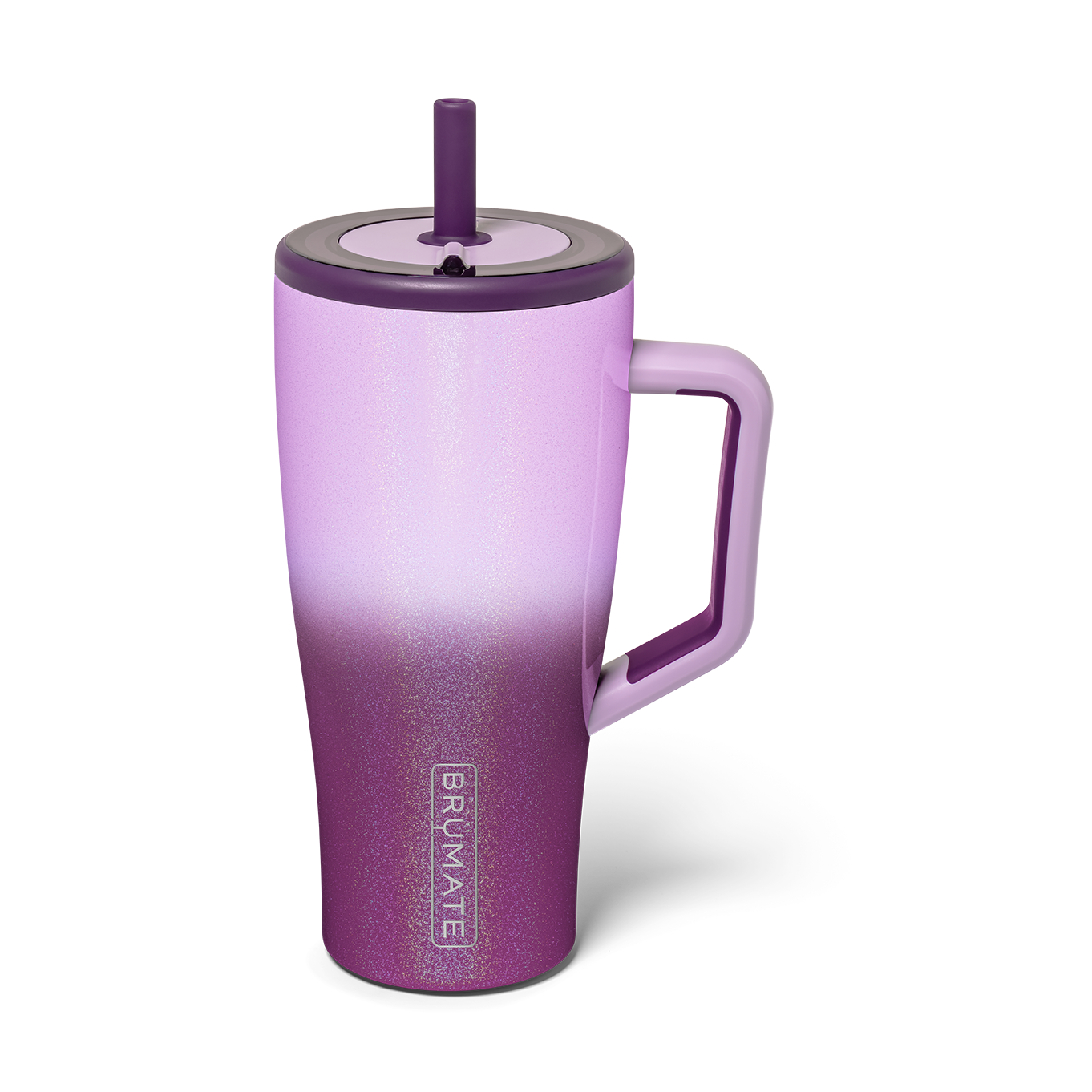 BRUMATE insulated tumbler in a sparkling lavender to deep plum ombre finish with a wide ergonomic handle and dark purple straw