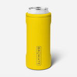 Photograph of a bright yellow BrüMate slim can cooler holding a silver drink can with the vertical BrüMate logo on a white studio background