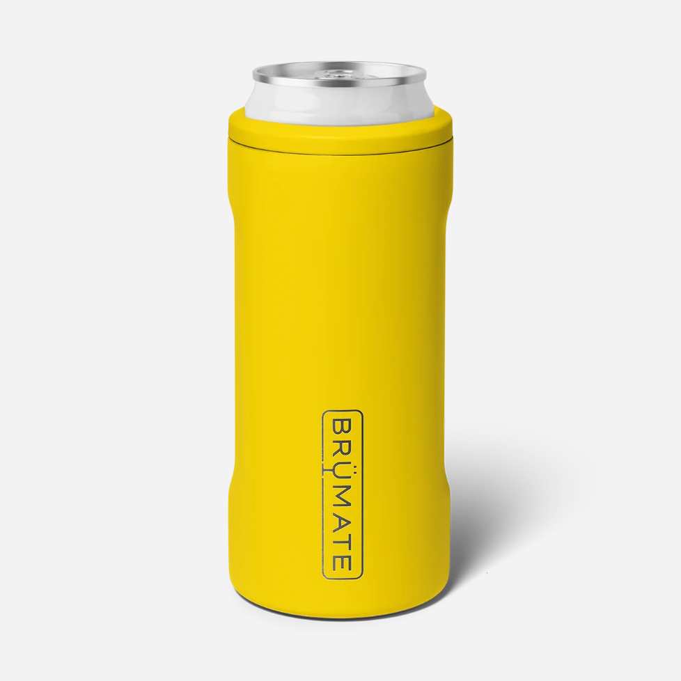 Photograph of a bright yellow BrüMate slim can cooler holding a silver drink can with the vertical BrüMate logo on a white studio background