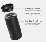 Brumate product photograph of a black 12oz Slim Can Cooler showing its matte body with a vertical BRUMATE logo and its detached black Push-Lock Gasket revealing a brushed metal interior on a light gray studio background with descriptive product text