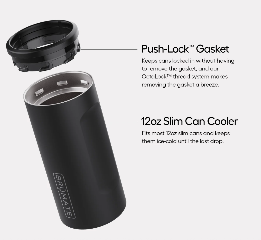 Brumate product photograph of a black 12oz Slim Can Cooler showing its matte body with a vertical BRUMATE logo and its detached black Push-Lock Gasket revealing a brushed metal interior on a light gray studio background with descriptive product text