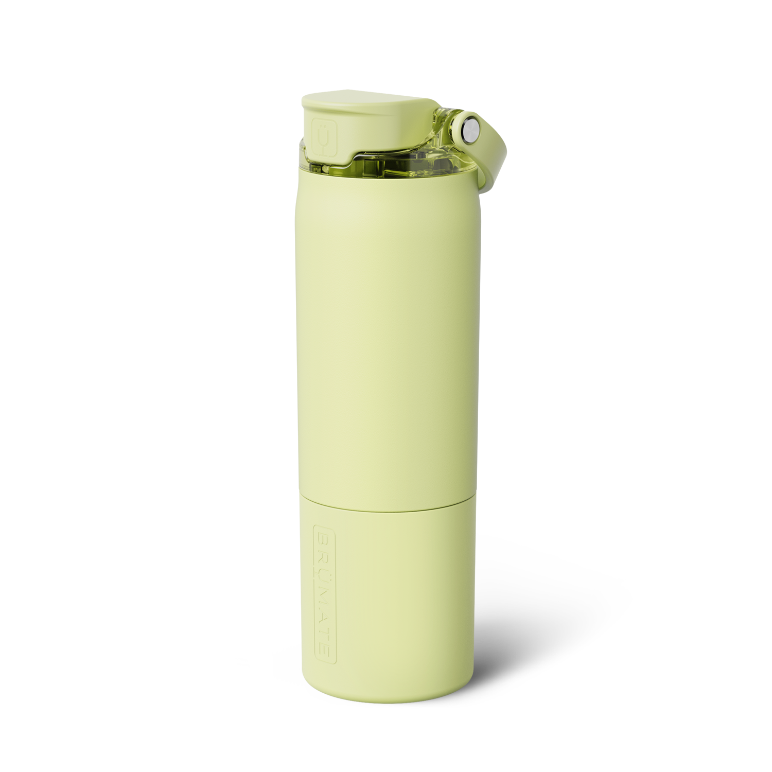 Pale green BRÜMATE water bottle featuring a flip-top lid with carrying handle and vertical branding on a white background