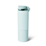 A seafoam blue BrüMate water bottle featuring a flip-top lid, transparent top section, and an integrated carry loop