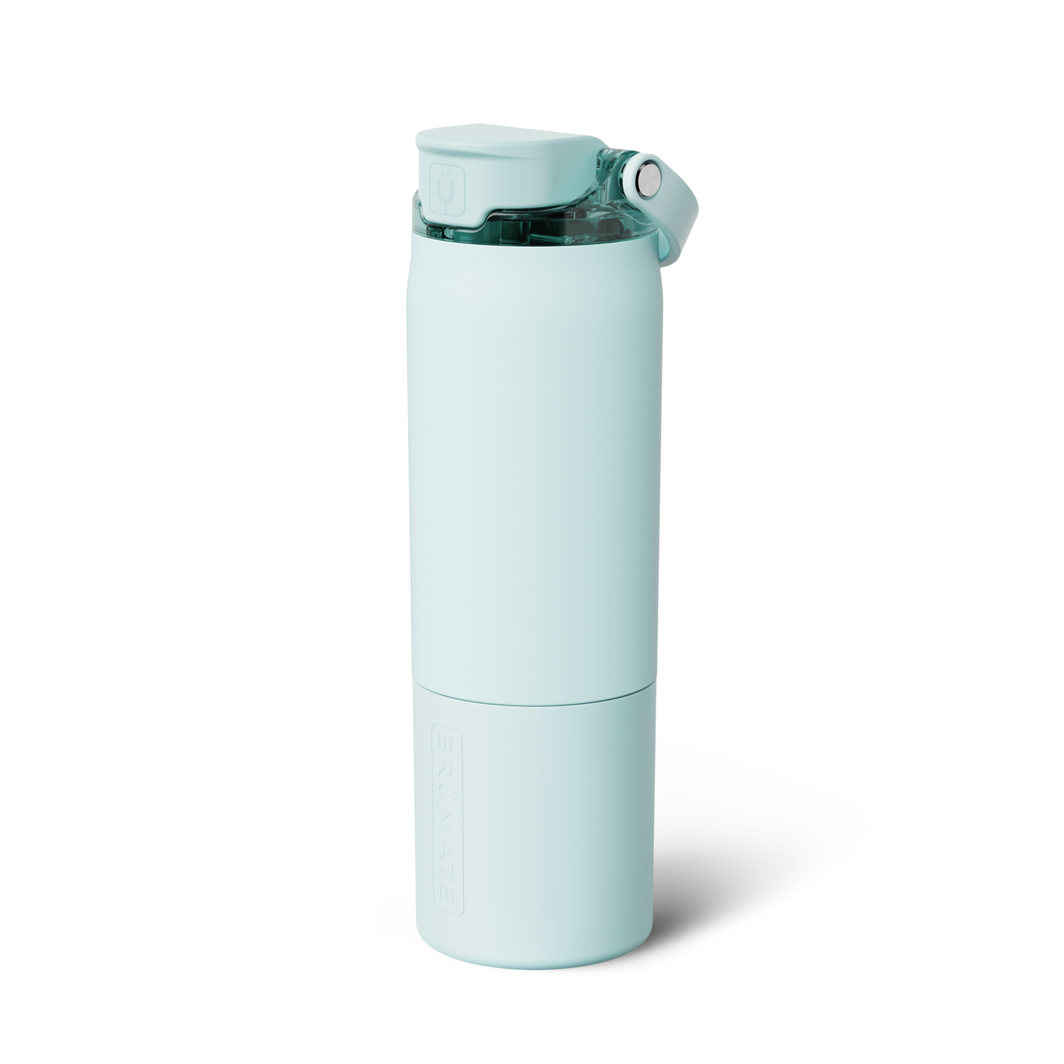 A seafoam blue BrüMate water bottle featuring a flip-top lid, transparent top section, and an integrated carry loop