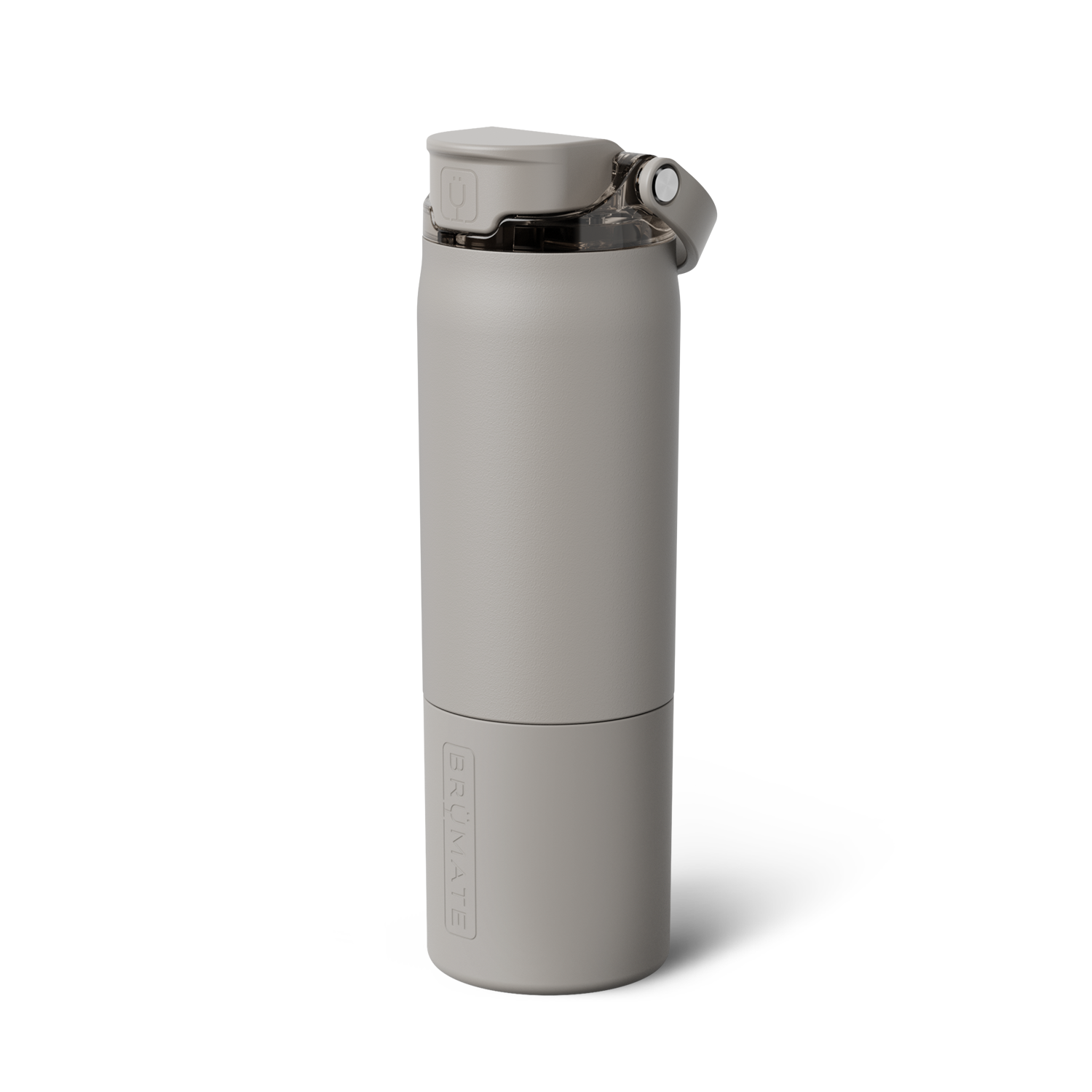 Product photo of a matte grey Brümate water bottle with a flip-top lid featuring a U-shaped locking button and clear plastic carry loop