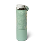 Product photo of a mint green BrüMate water bottle with a white flip-top lid featuring delicate white floral outlines and a gold geometric pattern
