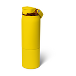 Matte yellow Brumate insulated water bottle with a transparent amber flip-top lid and brand name embossed near base
