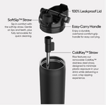 Product diagram illustrating the features of a black BrüMate Rise tumbler, detailing its 100% leakproof lid with easy-carry handle and the removable ColdKey™ stainless steel straw with SoftSip™ tip, each component clearly labeled