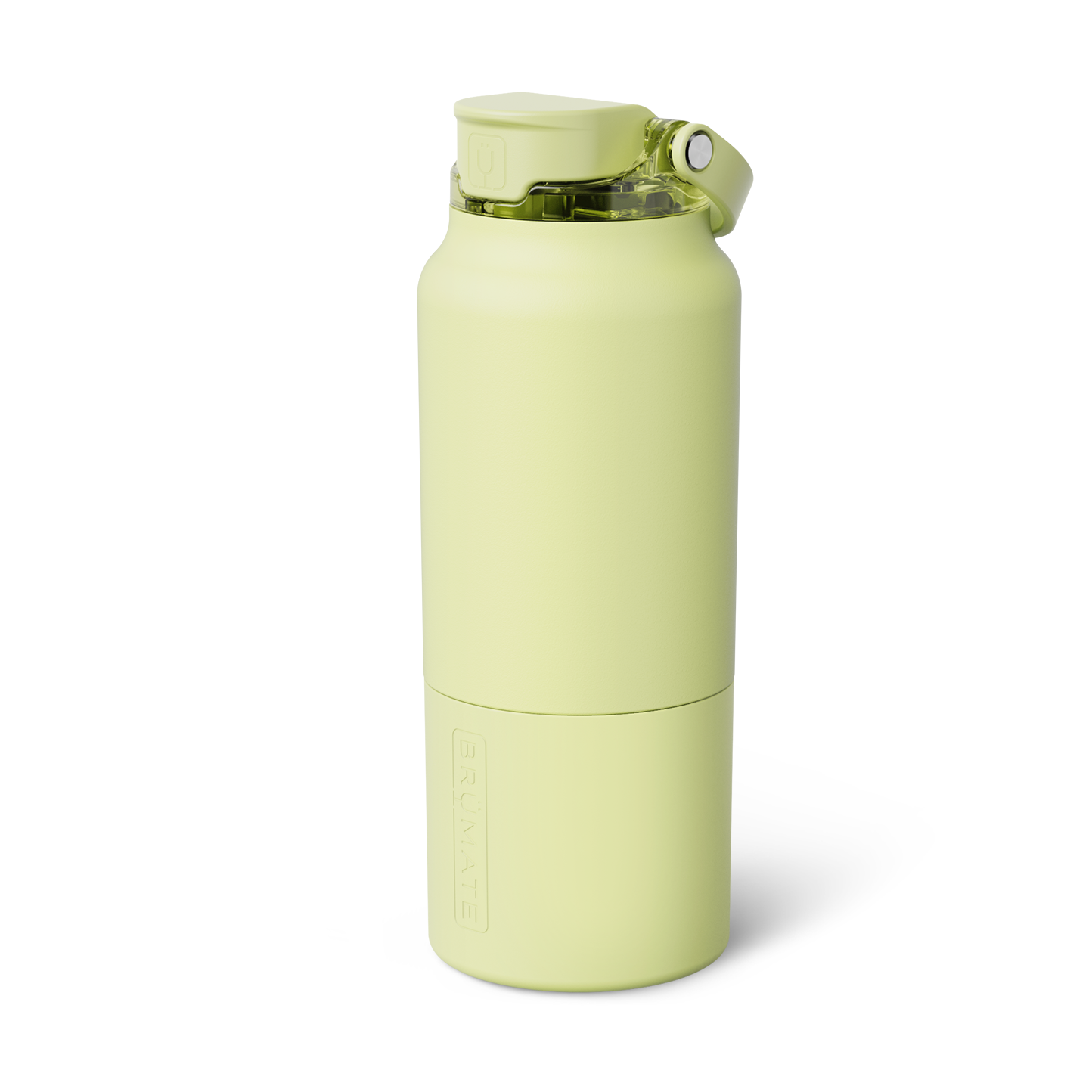 BRUMATE pale lime green insulated hydrator bottle featuring a matte finish, a transparent green flip-top lid, and the brand name vertically embossed on the lower body
