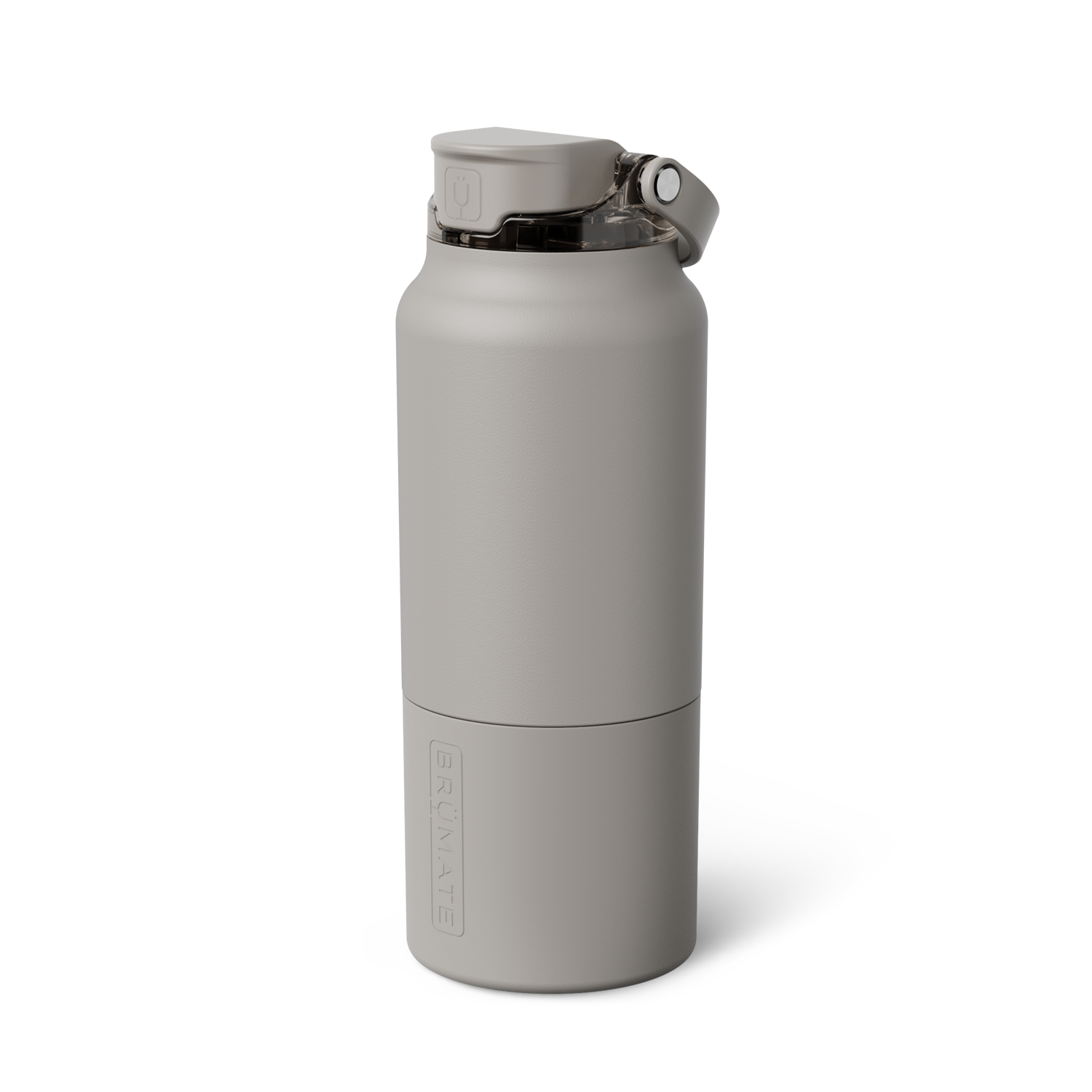 Muted grey BrüMate ReHydration bottle featuring a straw lid, integrated carry handle, and vertically embossed BRÜMATE logo