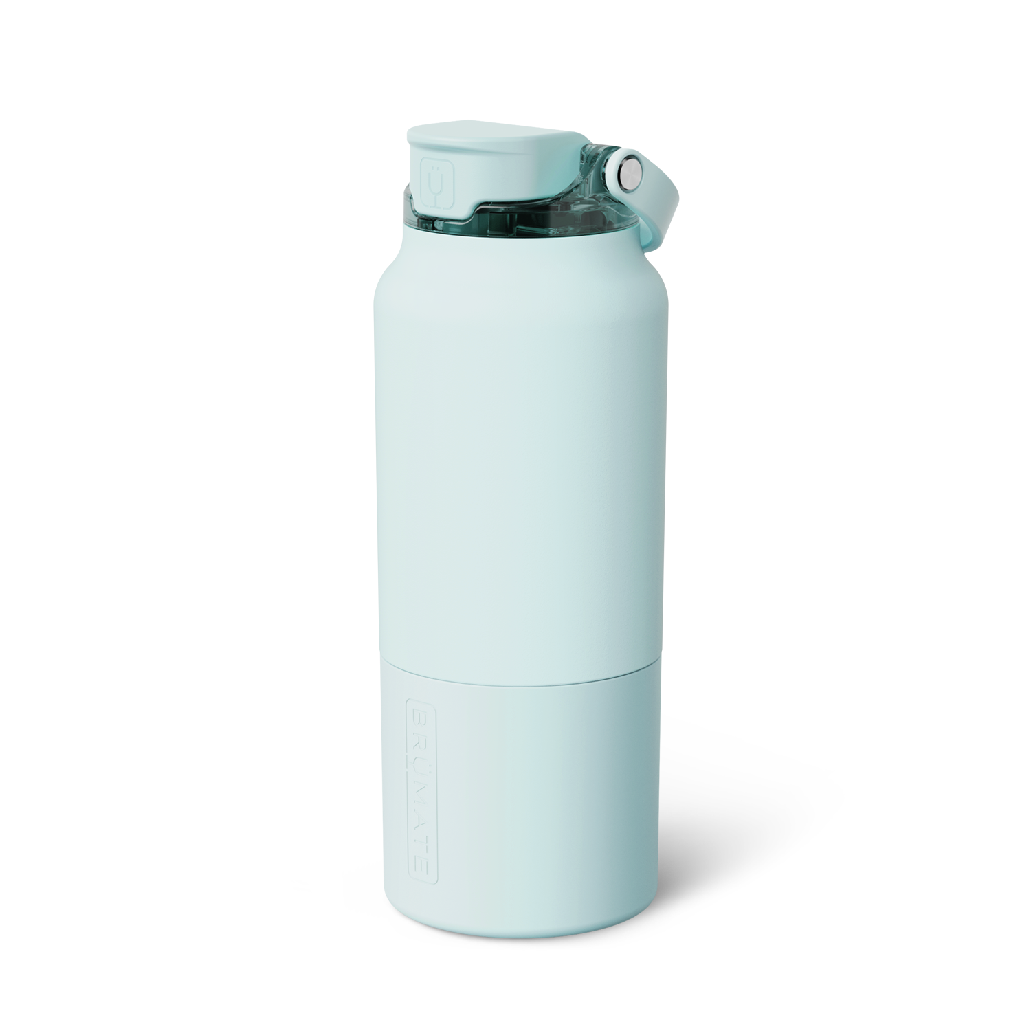 Product photograph of a BRUMATE mint green insulated water bottle featuring a flip-top lid with a clear section and vertically embossed BRUMATE logo