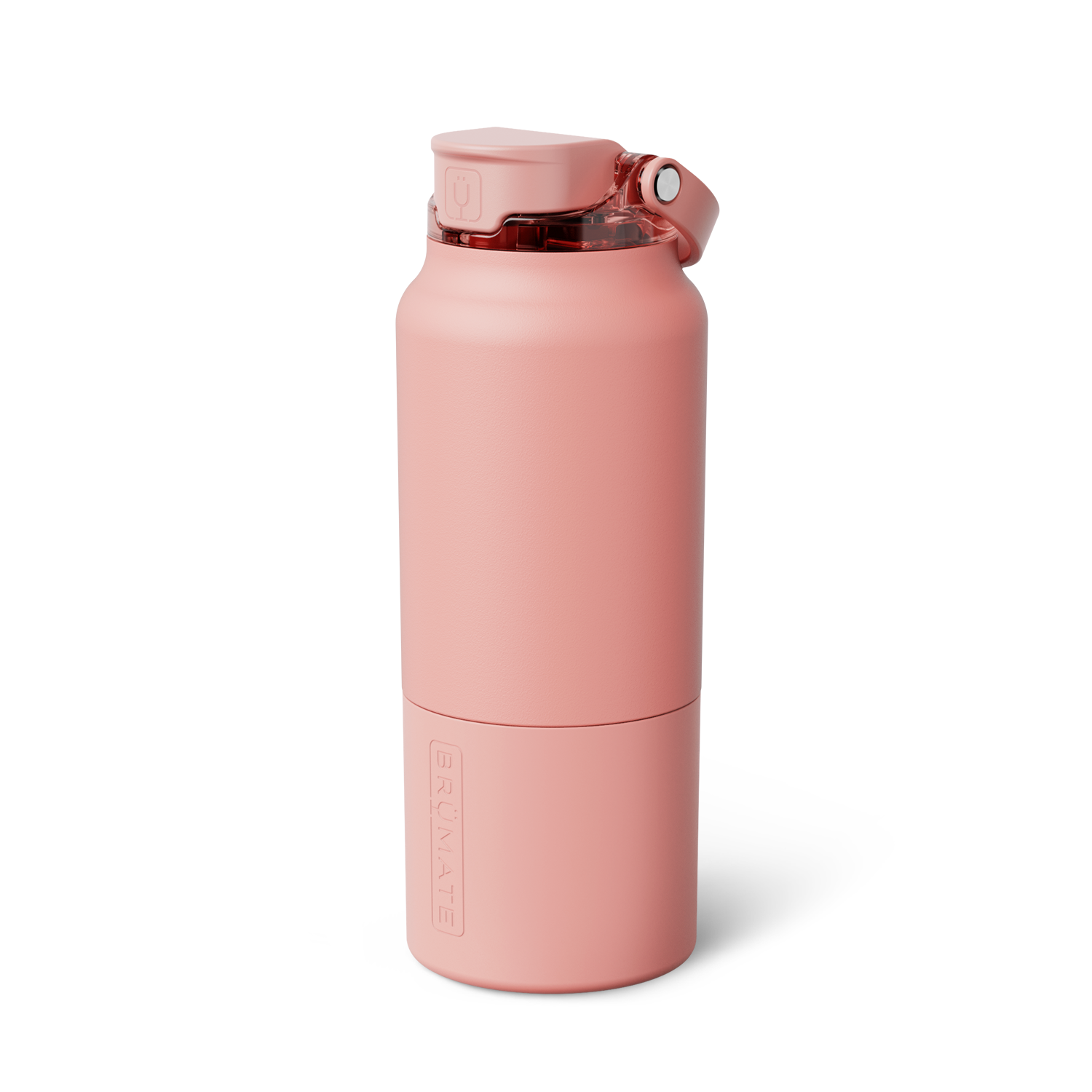 Matte blush pink BRÜMATE water bottle on a white background featuring a flip-top lid with a clear amber spout and integrated carrying loop, with the brand name embossed vertically on its lower body