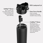 Product image of a black BrüMate Rise tumbler showcasing its 100% leakproof lid featuring an Easy-Carry Handle, a SoftSip™ Straw, and a removable ColdKey™ stainless steel straw